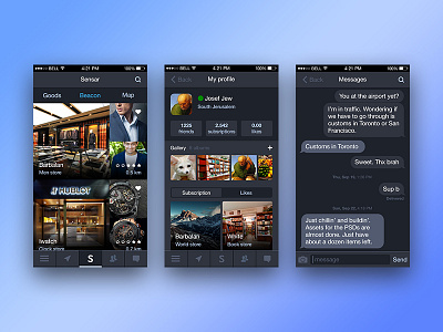Sensar app application blue gray interface ios iphone message mobile profile ui