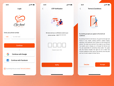 Login , OTP Verification , Terms & conditions Screens animation app branding conditions delivery design figma food illustration login logo mobile otp screens terms ui ux verification
