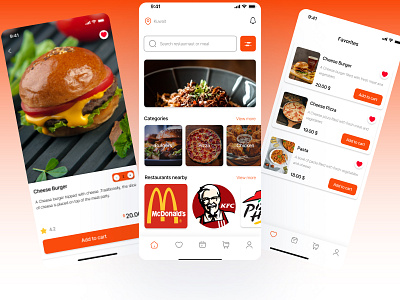 Home Screen , Favorites, food details Design | Food Delivery App