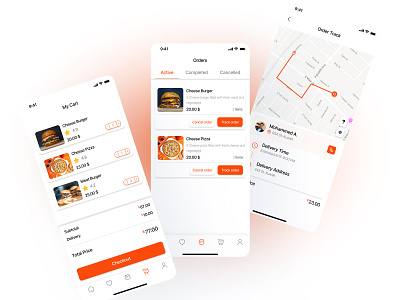 Orders , My Cart , Tracking order Screens | Food Delivery App animation app branding delivery design figma food illustration logo map my cart orders tracking order ui ux