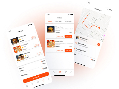 Orders , My Cart , Tracking order Screens | Food Delivery App