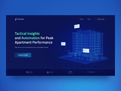 Landing Page for JoyHub Apartment Management Service animation apartment management automation business data visualisation housing icons landing page letting motion design neon product rent renting scroll service technology web website