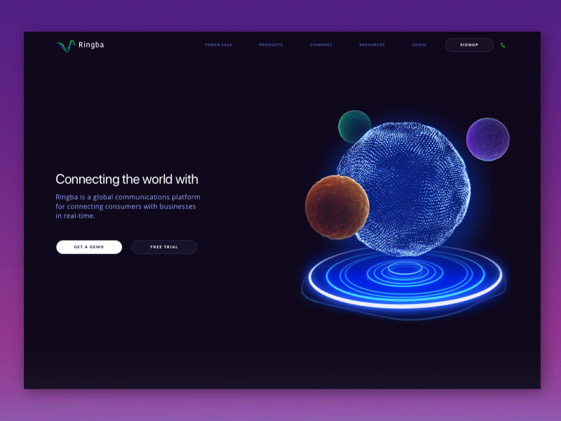 Homepage Animation for a New Global Telecommunications Website animated icons animation call tracking chart communication dark dashboard data visualization futuristic gif hover effect icon information graphics motion sphere telecom ui ux web design zajno