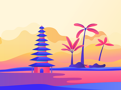 Rise app bali clouds design gobelins illustration interactive orange palmtree pink sea sunrise sunset temple