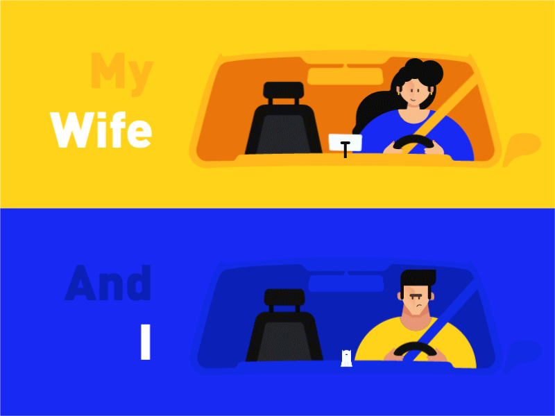 Two drivers animation car character man motion graphics wife woman