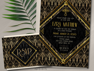 Black Gold Bar Mitzvah Invite & RSVP art deco bar mitzvah invitation card invitation set invitation template print design rsvp card