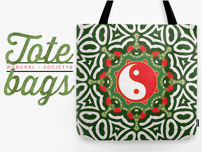 Yin Yang Tote Bags | Webgrrl geometric pattern green red mandala symbols tao yin yang