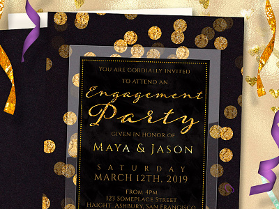 Gold Confetti on Black Engagement Invitation black and gold digital glitter engagement invitations gold black invitation design printed invitations weddings