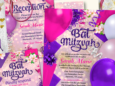 Party Balloons Bat Mitzvah Suite graphic design invitation cards invitation suite print design printed invitation