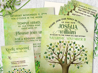 Tree of Life Bar Mitzvah Invitation Set bar mitzvah graphic design green invitation cards nature print design printed invitation