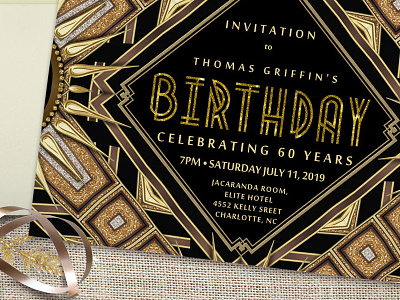 Art Deco Gold Black Birthday Invitation | A7 Flatcard a7 art deco digital glitter gold black invitation card