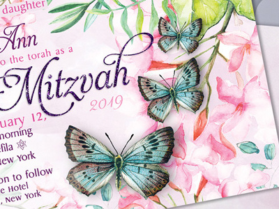 Butterflies Bat Mitzvah Invitation bat mitzvah invitation cards printed invitations