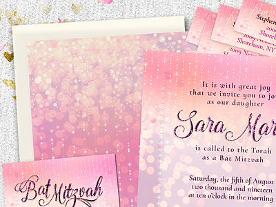 Pretty Sparkly Pink Bat Mitzvah Invitation Suite bat mitzvah invitation cards invitation design invitations lemonleafprints pink print design suite
