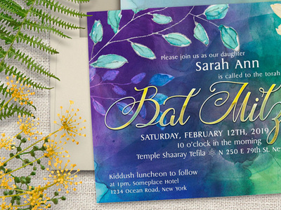 Floral Watercolor Bat Mitzvah A7 lemonleafprints invitation design graphic design printed invitations print design floral watercolor invitation cards bat mitzvah