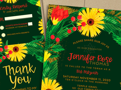Colorful Floral Bat Mitzvah Invitation Suite bat mitzvah graphic design invitation cards invitation design invitation suite print design rsvp card thank you card