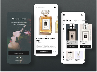 WitchCraft - Everyday Elixirs for the Modern-Day Witch black magic brand design design challenge dribbleweeklywarmup ecommerce fragrance harrypotter magic mobile app mobile design potions product detail product page spells ui uxui warlock weekly warm-up witch witchcraft
