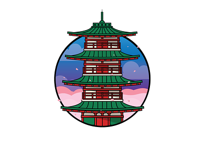 Japanese Red Pagoda cherry blossom flowers icon illustrations japan kawaii monument pagoda red spring