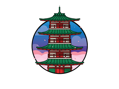 Japanese Red Pagoda cherry blossom flowers icon illustrations japan kawaii monument pagoda red spring