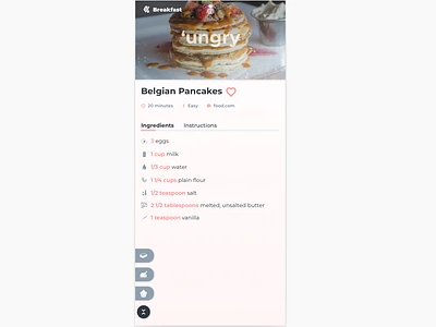 'ungry Recipe Page, Belgian Pancakes app design flat design food food app hungry mobile mobile design recipe recipe app ui visual design waffles