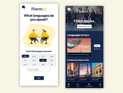 Fluent.ly: Onboarding Screen app design duolingo fluent language language app language learning mobile mobile design netflix onboard onboarding onboarding screen onboarding screens onboarding ui visual design