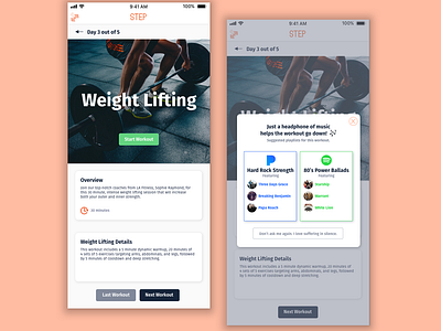 Step || Overlay app design daily ui daily ui overlay dailyui flat design mobile design overlay playlist steph ui visual design weight lifting workout workout app