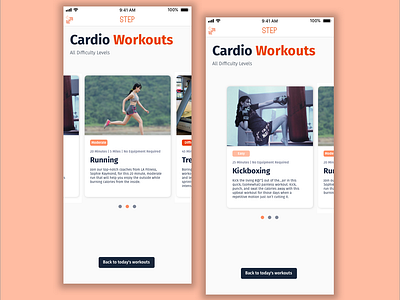 Step || Browse Cardio Workouts app design daily ui daily ui 072 daily ui 72 dailyui fitness fitness app flat image slider mobile design preview slider step visual design workout workout app