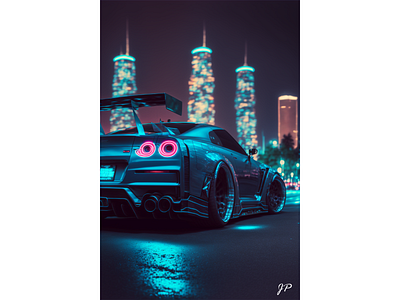 Nissan Skyline R34 cinematic design graphic design illustration neon