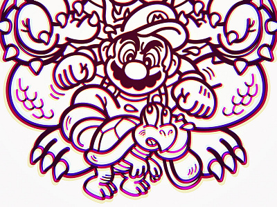 Mario and Koopa Troopa 3nes black and white cute illustration mario bros. nes turtle vector
