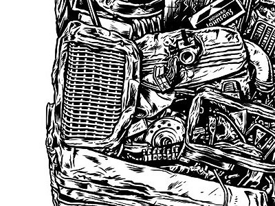 Wreckage black car detail drawing ink junkyard metal trash white