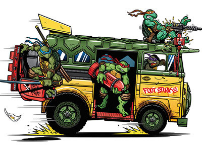 The Party Wagon bomb cartoon don drive gun leo mike party wagon raph tmnt turtle van vector