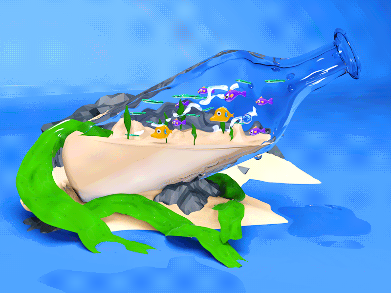 Beach Bottle 3d animated animated gif animation beach bottle colourful colourfull fish fish tank glass lighting loop render sand seaside seaweed