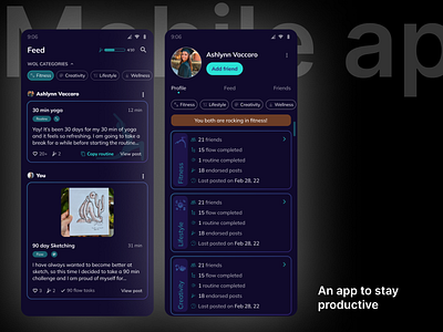 Mobile application: An app to stay productive dark theme gamification mobile application product design ui design