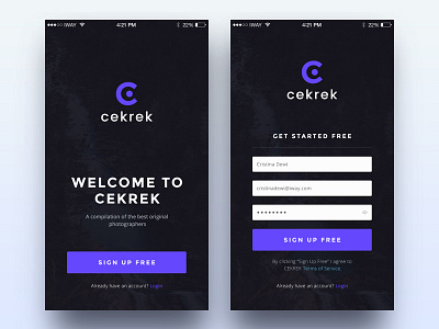 Cekrek - photography online portfolio app debuts ios login minimal photography sign up ui