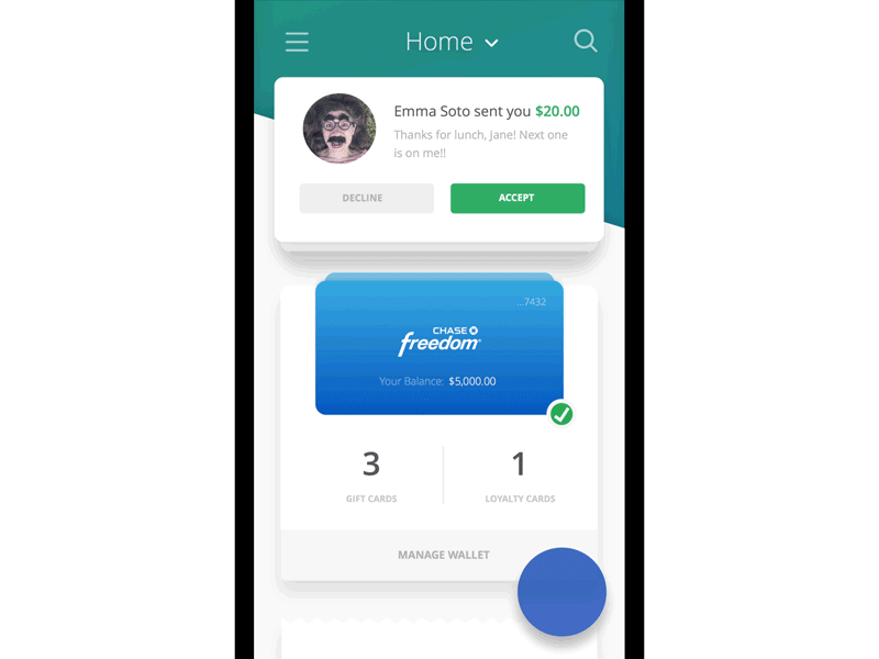 Nav & FAB interaction cards chase interaction mobile pay payment transactions ui wallet