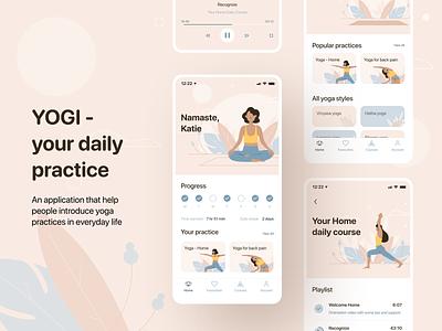 YOGI - your daily practice | Mobile App calm clean dashboard design fitness health healthcare illustration interface ios iso lifestyle mobile mobile app relax relaxation stats video player yoga
