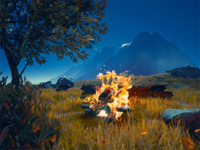 Savannah night fire 3d animation environment fire game illustration landscape level mountain night particle