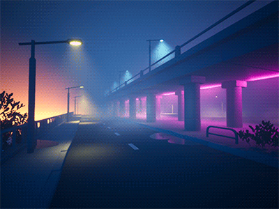 Night bridge 3d animation atmospheric bridge environment fog game model neon night stylized ue4
