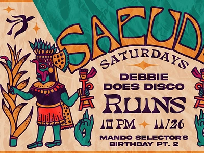 Sacude Saturdays design flyer folk art gig poster graphic design illustration indigenous lettering mesoamerican typography