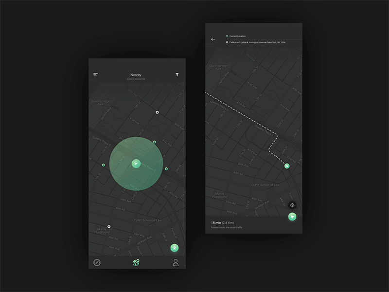 Bringing a map to life by animations animation app dark design icons map mobile mobileapp ui ux