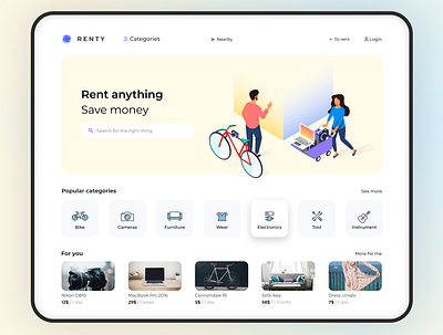 Renty - rental service ecommerce illustraion landing page rent rental service site web