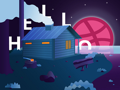 Hello Dribbble adventure debut hello illustration jungle lake moon nature night world