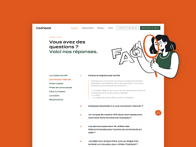 Cashpad FAQ illustration branding chat design faq green illustration inspiration menu orange question ui ux web design