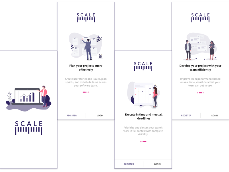 Scale user interface splash walkthrough illustrations project management scale