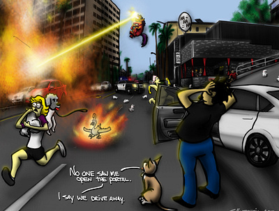 Magical Massacre on Sunset Blvd action animals cartoon chaos comic digital paint excitement fantasy illustration los angeles