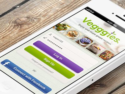 IOS Login Screen app application food ios iphone iphone 5 log in login recipe sign up social ui ux vegan vegetarian