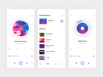 Music App Design Player and Radio Station & Radio Player Screen album app design graphics interface music music ui next song play song player players popular album popular genres previous song radio station reload shuffle stations user experience user interface your music