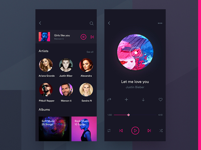 Dark Music App Artist & Player Screen Design by Urmi Islam for Orizon ...