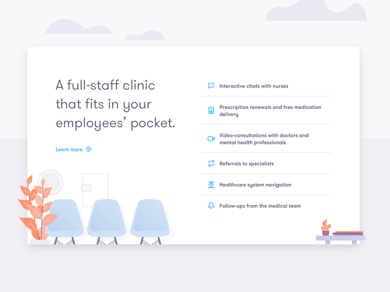 Dialogue - Feature Card features clinic hospital eames chair waiting room health healthcare illustration ui card