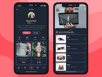 Profile Screen & Live Streaming ecommerce ios iphone live mobile profile shopping sketch sketchapp stream streaming ui user experience user interface ux