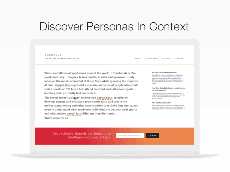 Hover + Reveal Interaction/ Discover Personas in Context discover hover landing page personas profiles reveal text